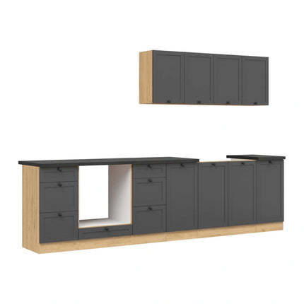 Set bucatarie JUNONA LINE, gri grafit/stejar, PAL, 300 cm, cu blat negru