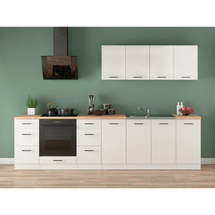 Set bucatarie JUNONA LINE, alb lucios, PAL, 300 cm, cu blat stejar artisan