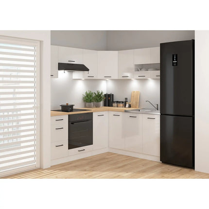 Set bucatarie JUNONA LINE, alb lucios, PAL, 180x200 cm, cu blat stejar artisan