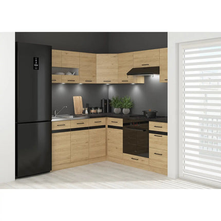 Set bucatarie JUNONA LINE, stejar, PAL, 180x200 cm, dreapta, cu blat negru