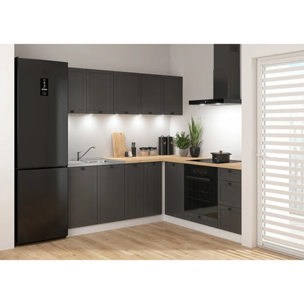 Set bucatarie JUNONA LINE, gri grafit/alb, PAL, 200x200 cm, cu blat stejar artisan