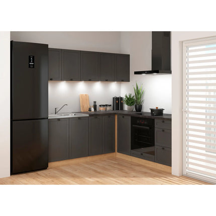Set bucatarie JUNONA LINE, gri grafit/stejar, PAL, 200x200 cm, cu blat negru