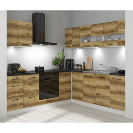 Set bucatarie JUNONA LINE, stejar delano/alb, PAL, 220x240 cm, cu blat negru