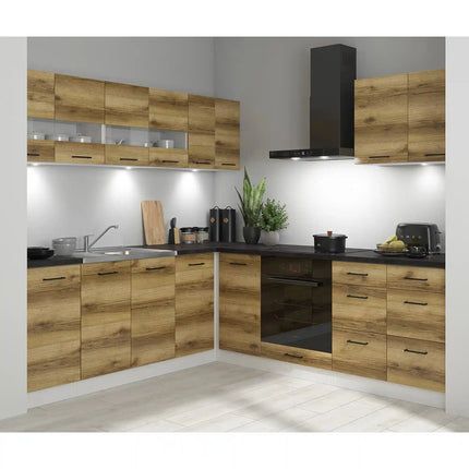 Set bucatarie JUNONA LINE, stejar delano/alb, PAL, 220x240 cm, cu blat negru