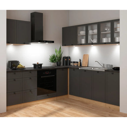 Set bucatarie JUNONA LINE, gri grafit/stejar, PAL, 220x240 cm, cu blat negru