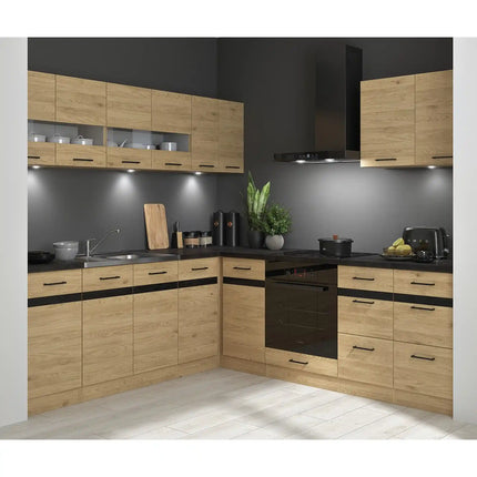 Set bucatarie JUNONA LINE, stejar, PAL, 220x240 cm, stanga, cu blat negru