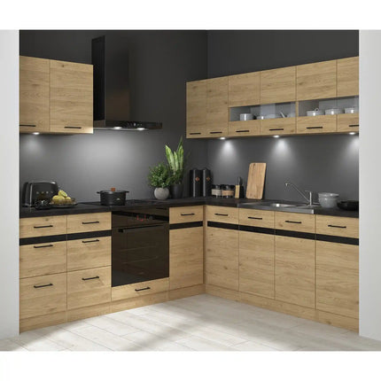Set bucatarie JUNONA LINE, stejar, PAL, 220x240 cm, dreapta, cu blat negru