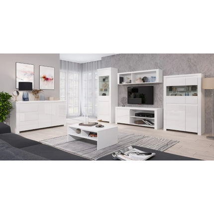 Comoda TV alba lucioasa LINGO, PAL laminat, 156x42x61 cm