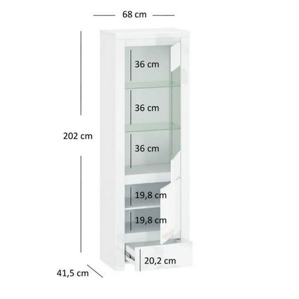 Vitrina living moderna LINGO, alb lucios, PAL laminat, cu iluminare LED, 68x42x202 cm
