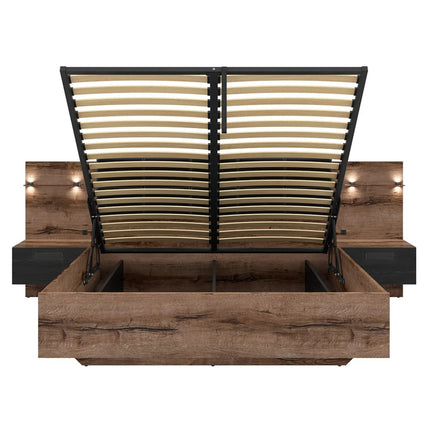 Pat KASSEL, nuc/negru, PAL/piele ecologica, cu somiera rabatabila, spatiu pentru depozitare si iluminare LED, 265x206x98.5 cm