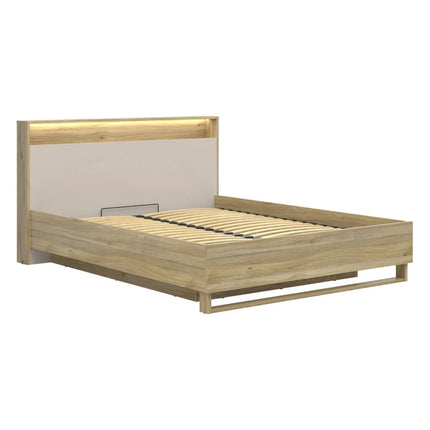 Pat DALVA 160x200, stejar/casmir, PAL, cu somiera, lada depozitare si iluminare LED