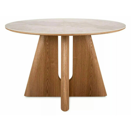 Masă ALZANO, alb lucios/stejar, ceramică/furnir/MDF, Ø120x77 cm
