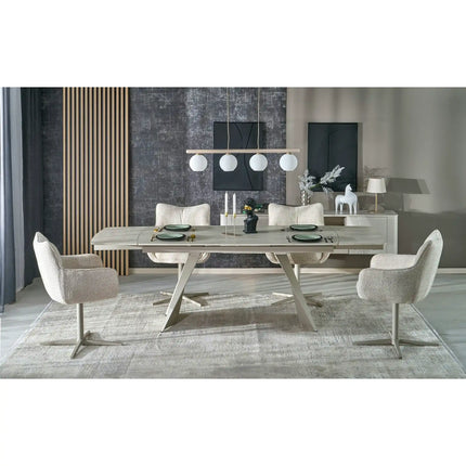 Masa extensibila ARMANI, travertin cu efect de marmura/casmir, piatra sinterizata/otel, 165-241x90x77 cm