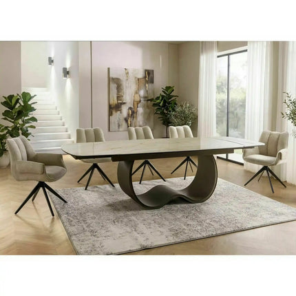 Masă extensibilă CASABLANCA, bej/cupru, sticlă securizată/ceramică/metal, 198–274x98x76 cm