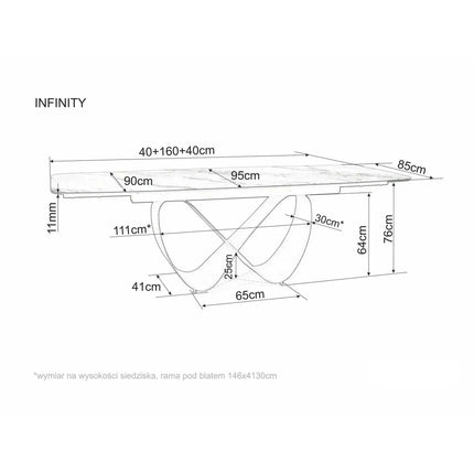 Masă extensibilă INFINITY, alb lucios/cupru, sticlă securizată/ceramică/metal, 160–240x95x76 cm