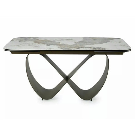 Masă extensibilă INFINITY, alb lucios/cupru, sticlă securizată/ceramică/metal, 160–240x95x76 cm