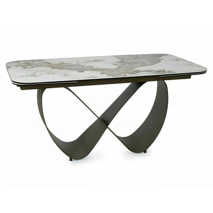 Masă extensibilă INFINITY, alb lucios/cupru, sticlă securizată/ceramică/metal, 160–240x95x76 cm