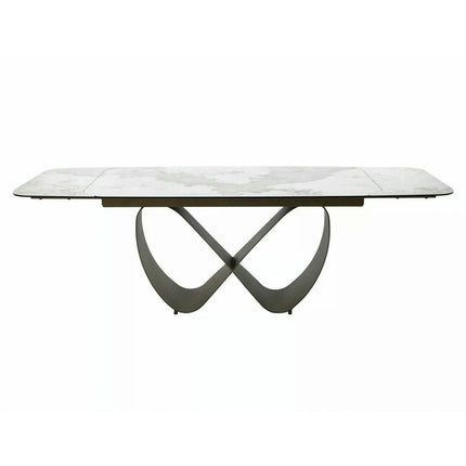 Masă extensibilă INFINITY, alb lucios/cupru, sticlă securizată/ceramică/metal, 160–240x95x76 cm