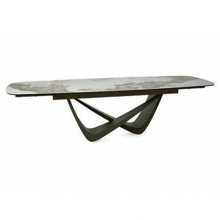 Masă extensibilă MARANELLO, alb/cupru, sticlă securizată/ceramică/metal, 200–290x98x77 cm