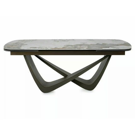 Masă extensibilă MARANELLO, alb/cupru, sticlă securizată/ceramică/metal, 200–290x98x77 cm