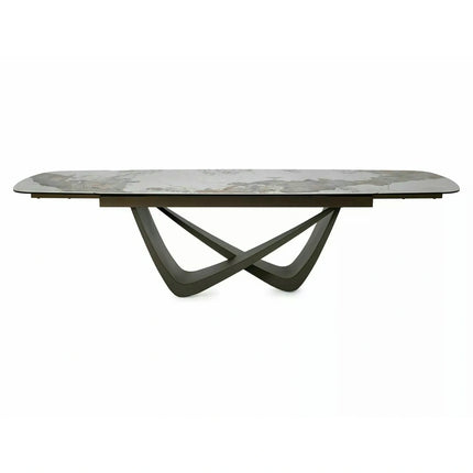 Masă extensibilă MARANELLO, alb/cupru, sticlă securizată/ceramică/metal, 200–290x98x77 cm
