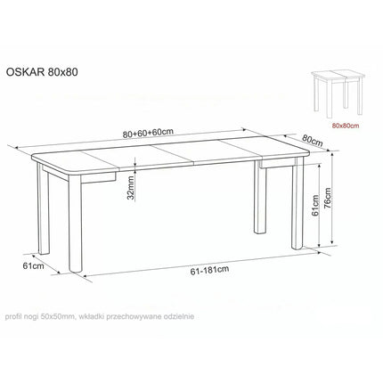 Masă extensibilă OSKAR, stejar artizanal/negru, PAL laminat/MDF, 80–200x80x76 cm