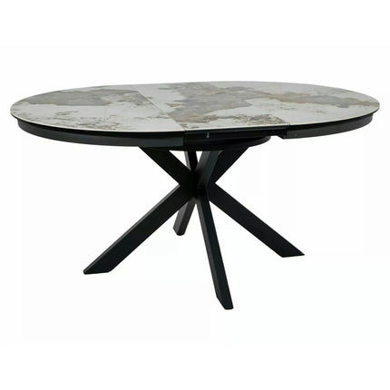 Masă extensibilă PORTO, alb lucios/negru, sticlă securizată/ceramică/metal, 120–160x120x76 cm