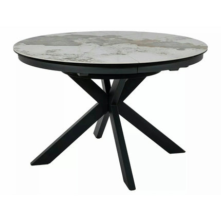 Masă extensibilă PORTO, alb lucios/negru, sticlă securizată/ceramică/metal, 120–160x120x76 cm