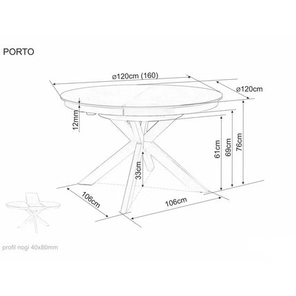Masă extensibilă PORTO, bej lucios/negru, sticlă securizată/ceramică/metal, 120–160x120x76 cm