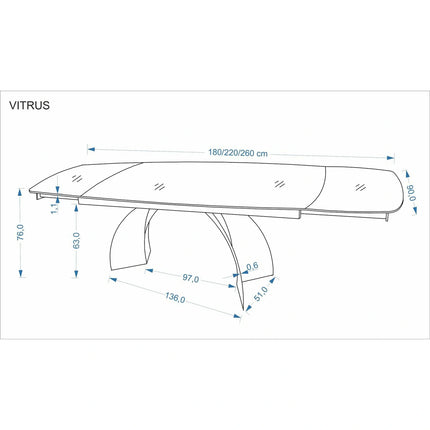 Masa extensibila VITRUS, travertin/negru, piatra sinterizata/metal, 180/260x90x76 cm