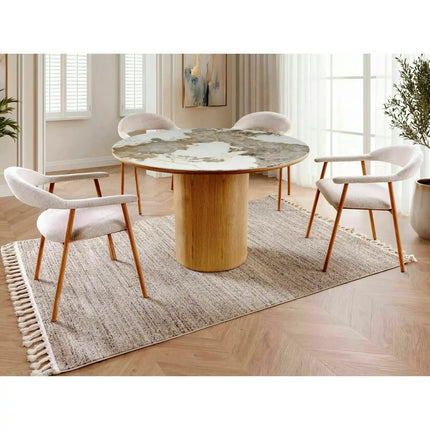 Masă RONDO, alb lucios/stejar, ceramică/furnir/MDF, Ø120x76 cm