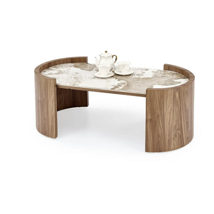 Masuta cafea NICOSIA, bej/nuc, piatra sinterizata, 121x61x45 cm