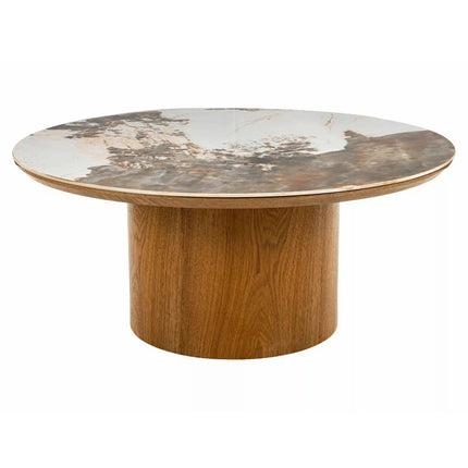 Măsuță cafea RONDO, alb lucios/stejar, ceramică/furnir/MDF, 80x80x35 cm