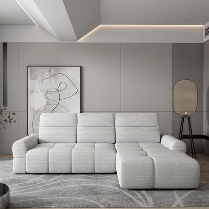 Coltar extensibil MATEO S, personalizabil, cu lada depozitare si tetiere reglabile, 273x183x99 cm