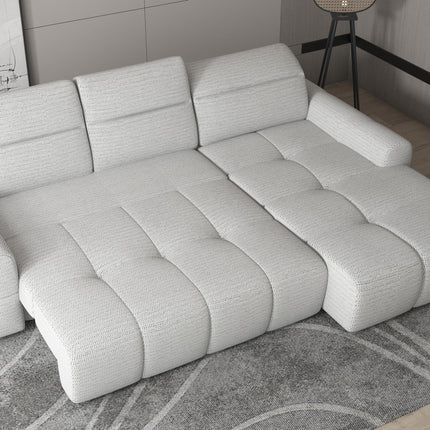 Coltar extensibil MATEO S, personalizabil, cu lada depozitare si tetiere reglabile, 273x183x99 cm