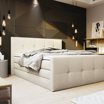 Pat boxspring MEDINO 140x200, personalizabil, cu saltele, topper si lada pentru depozitare