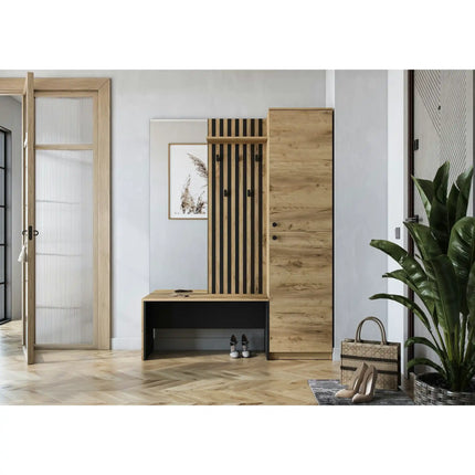 Mobilier hol ZARIS, stejar auriu/negru, PAL laminat, 150x40x198 cm