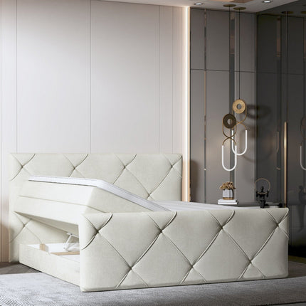 Pat boxspring MOSSA 160x200, personalizabil, cu saltele, topper si lada pentru depozitare
