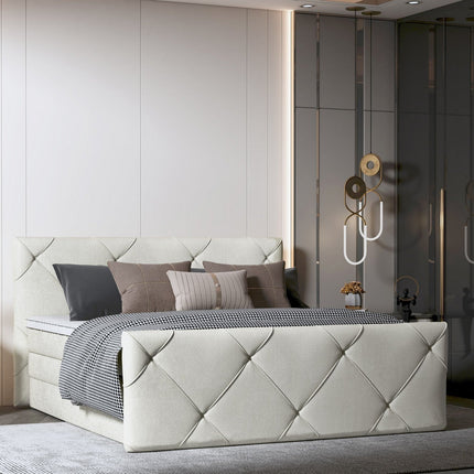 Pat boxspring MOSSA 160x200, personalizabil, cu saltele, topper si lada pentru depozitare