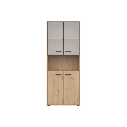 Vitrina SPACE OFFICE, stejar artisan/negru fumuriu, PAL laminat/sticla, cu 4 usi, 80x38x203 cm