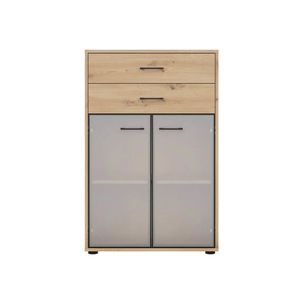 Vitrina SPACE OFFICE, stejar artisan/negru fumuriu, PAL laminat/sticla, cu 2 usi si 2 sertare, 80x38x122 cm