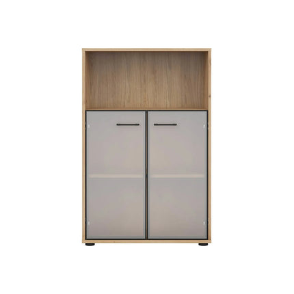 Vitrina SPACE OFFICE, stejar artisan/negru fumuriu, PAL laminat/sticla, cu 2 usi, 80x38x122 cm