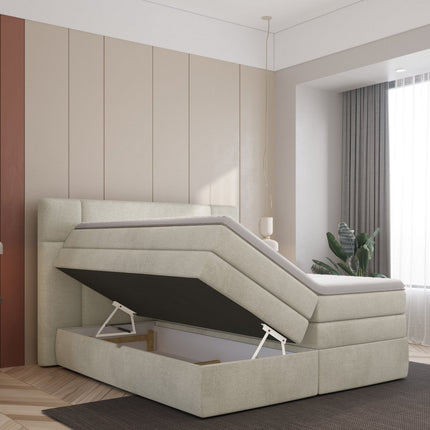 Pat boxspring PALACE 140x200, personalizabil,  cu saltele, topper si lada pentru depozitare
