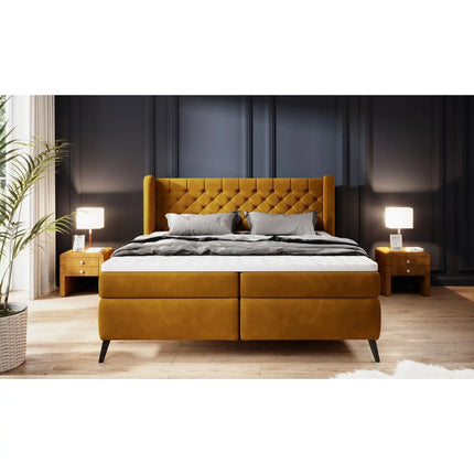 Pat boxspring MADISON 160x200, stofa catifelata caramiziu - Palladium 9, Gama Premium, cu saltele si topper