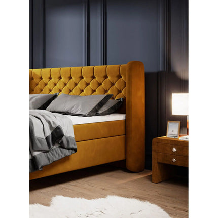 Pat boxspring MADISON 160x200, stofa catifelata caramiziu - Palladium 9, Gama Premium, cu saltele si topper