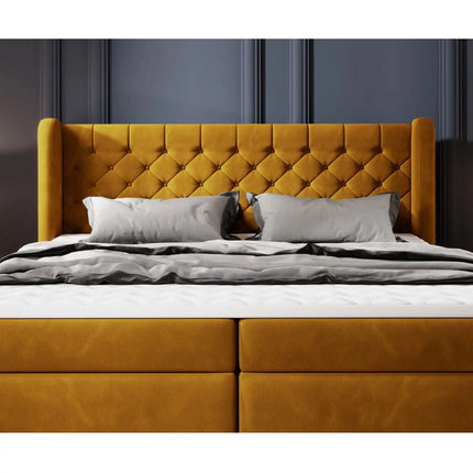 Pat boxspring MADISON 160x200, stofa catifelata caramiziu - Palladium 9, Gama Premium, cu saltele si topper