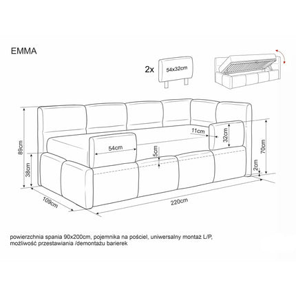 Pat EMMA 90x200, bej închis, stofă/lemn, cu spațiu de depozitare