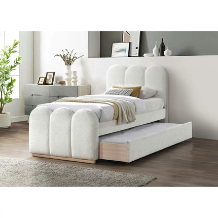 Pat MACARENA 90x200, crem, stofa boucle/lemn, cu somiera