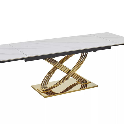 Masa extensibila HERMES II, alb cu efect de marmura/auriu, ceramica/metal, 160/240x90x75 cm