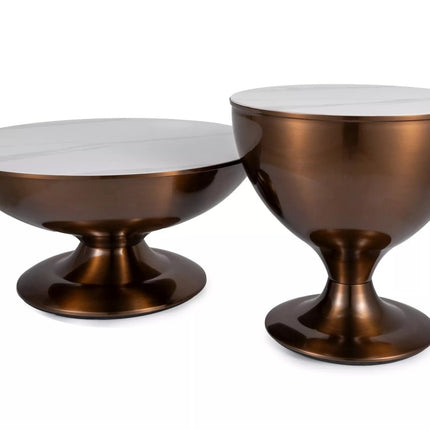 Set 2 masute cafea SALSA, alb cu efect de marmura/cupru, ceramica/metal
